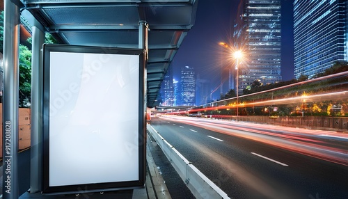  light box on bus stop Road car light trails afisha board advertising light box. mockup of empty ad, billboard on night bus station template banner on background city street poster or sign headlights. photo