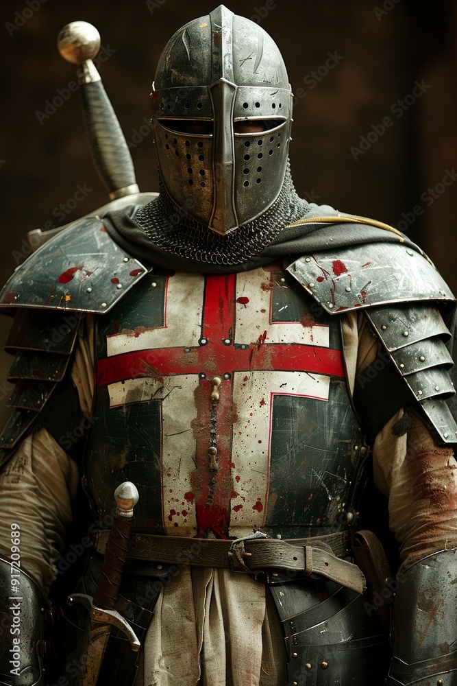 Medieval knight in full armor poised for battle in front of an ...