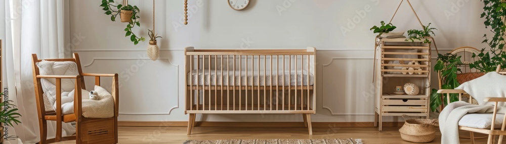 Wooden crib in a minimalistic nursery with a rocking chair, potted plants and a wooden shelf. Wooden crib in a minimalistic nursery with a rocking chair, potted plants and a wooden shelf.