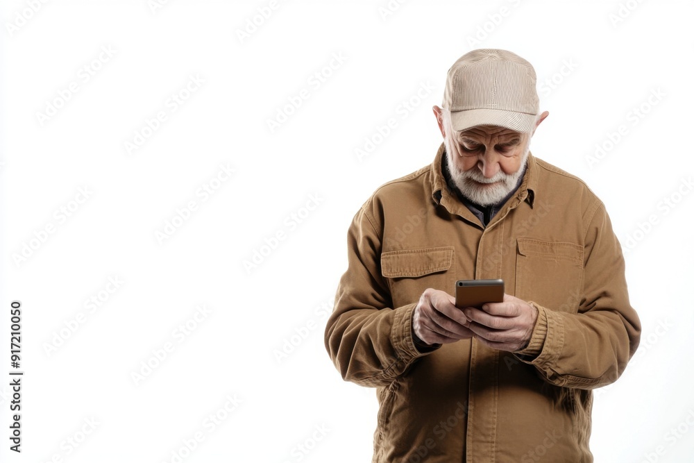 Confused senior man trying to use his smartphone on a white background Confused senior man trying to use his smartphone on a white background