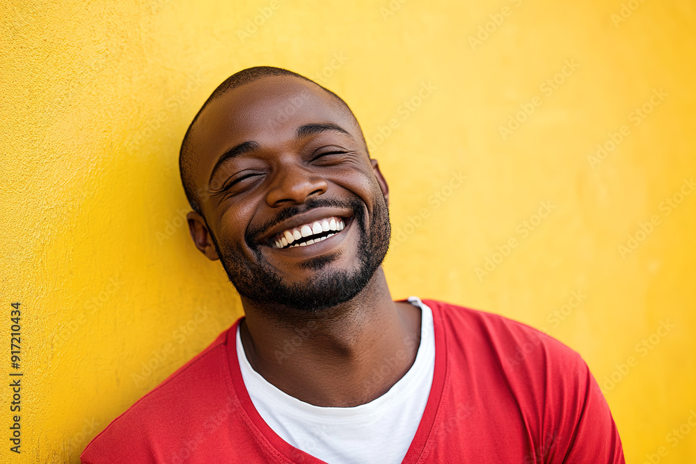 Close-Up Portrait of a Smiling Black Man in Red and White Outfit, Radiating Happiness on a Sunny Day with Yellow Wall as Backdrop Close-Up Portrait of a Smiling Black Man in Red and White Outfit, Radiating Happiness on a Sunny Day with Yellow Wall as Backdrop