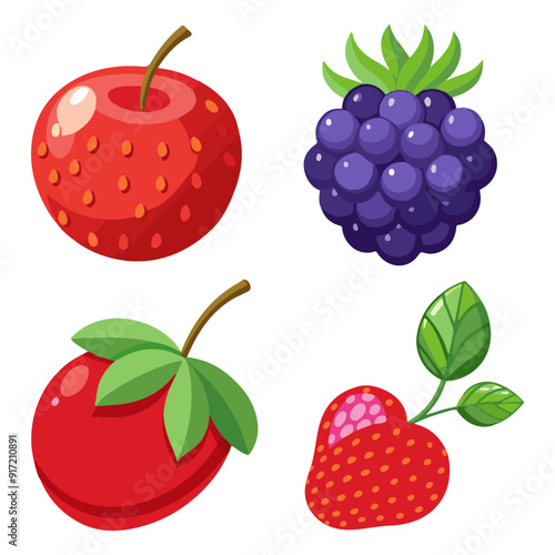 Set of tropical Berries and fruit vector illustration, Cute Strawberry, cherry, blackberry, blueberry, blueberry, raspberry outline,  tropical Berries, and fruit icon set.