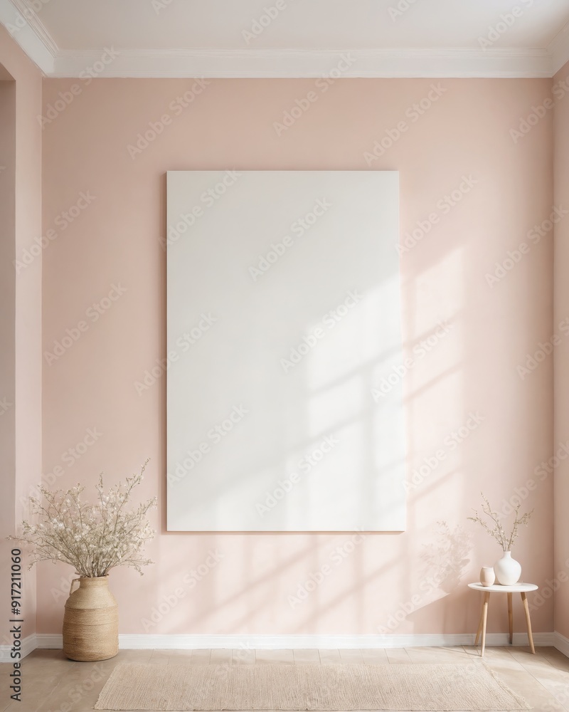 A minimalist interior with a large blank canvas on a soft pink wall. The room is decorated with simple natural elements, including a woven vase and delicate branches, creating a serene and peaceful at A minimalist interior with a large blank canvas on a soft pink wall. The room is decorated with simple natural elements, including a woven vase and delicate branches, creating a serene and peaceful at