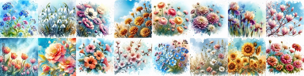Flowers draw in watercolor splash style. AI generated illustration Flowers draw in watercolor splash style. AI generated illustration