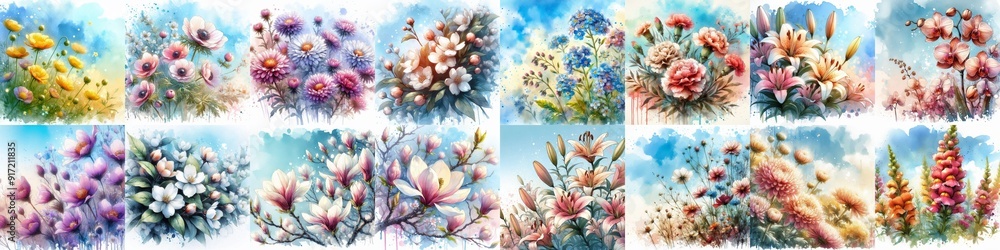 custom made wallpaper toronto digitalFlowers draw in watercolor splash style. AI generated illustration