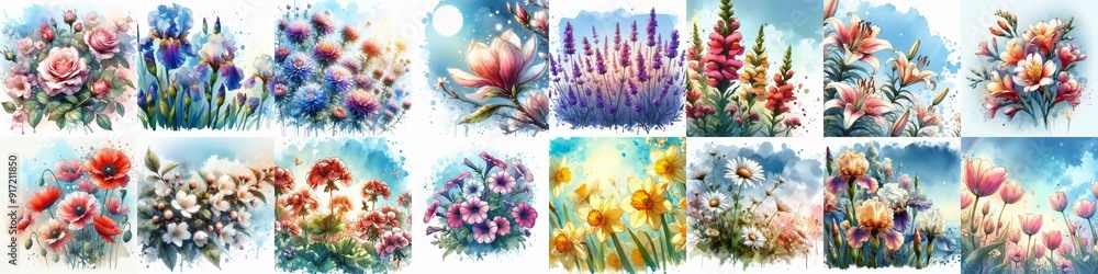 Flowers draw in watercolor splash style. AI generated illustration Flowers draw in watercolor splash style. AI generated illustration