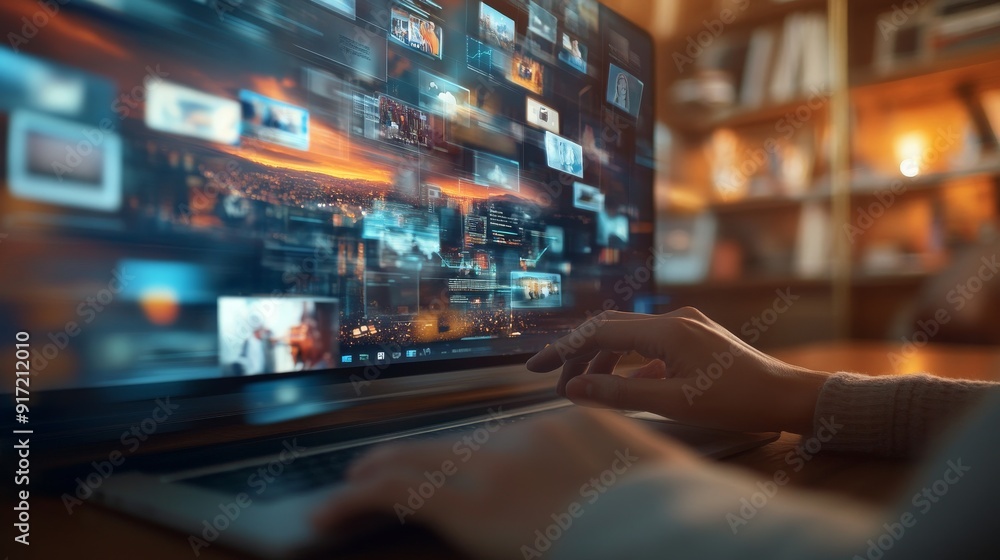 Person interacting with a laptop, analyzing cross-feed ads on a virtual screen to optimize customer engagement and click-through rates Person interacting with a laptop, analyzing cross-feed ads on a virtual screen to optimize customer engagement and click-through rates