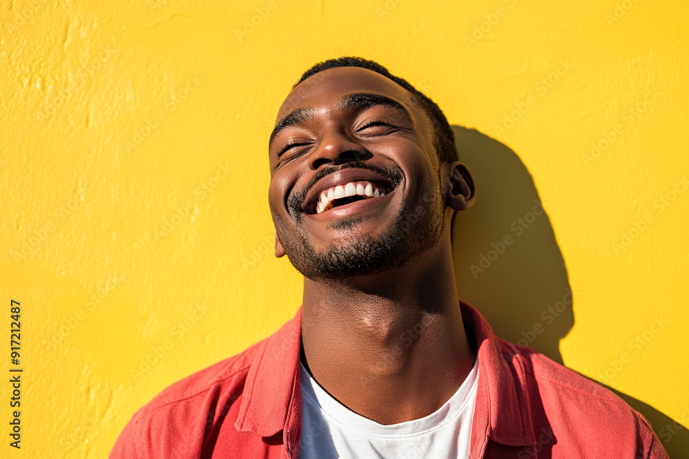 Joyful Black Man Laughing with Sunlight on His Face, Wearing a Red Shirt and White T-Shirt, Headshot Against a Bright Yellow Wall Background Joyful Black Man Laughing with Sunlight on His Face, Wearing a Red Shirt and White T-Shirt, Headshot Against a Bright Yellow Wall Background