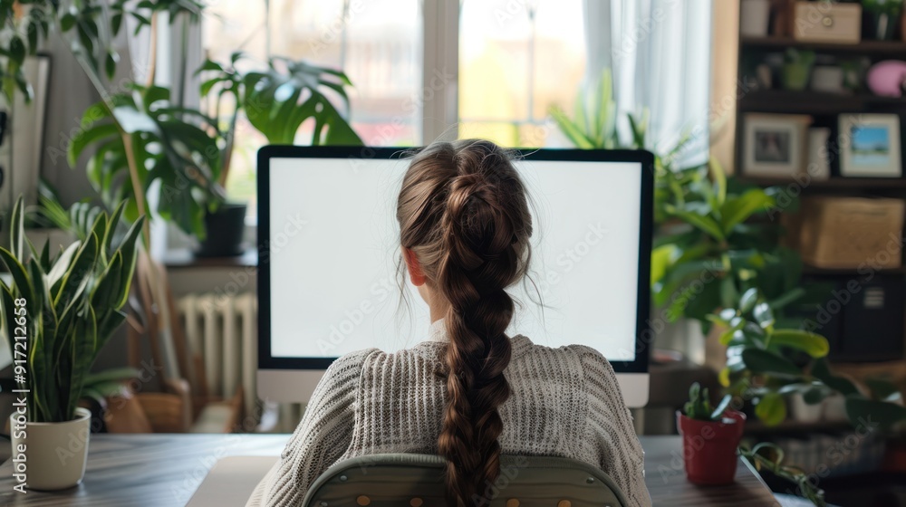 Female working on a computer with a white monitor display in a cozy home office Female working on a computer with a white monitor display in a cozy home office