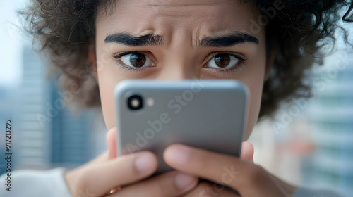 Social media scams concept. Close-up of a person’s face with a worried expression as they receive a social transaction notification on their smartphone