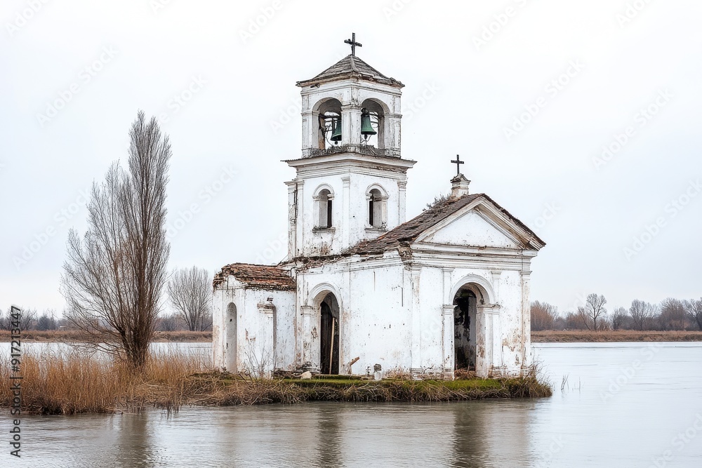 Ancient Church Ruins Submerged in Water Under Ominous Skies, Illustrating the Crisis of Flooding and Natural Disasters