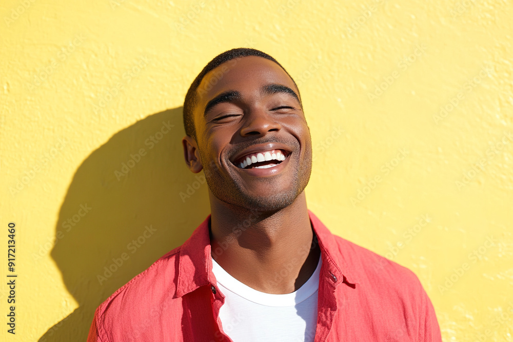 Joyful Black Man Laughing with Sunlight on His Face, Wearing a Red Shirt and White T-Shirt, Headshot Against a Bright Yellow Wall Background Joyful Black Man Laughing with Sunlight on His Face, Wearing a Red Shirt and White T-Shirt, Headshot Against a Bright Yellow Wall Background