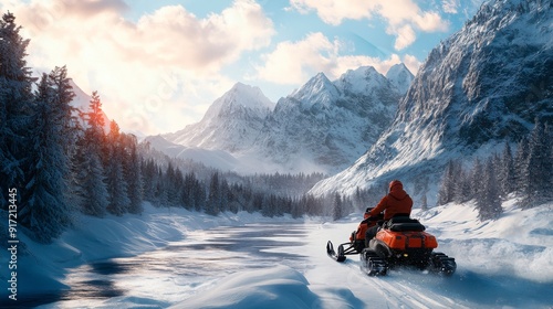 A thrilling snowmobile adventure through snowy mountains.