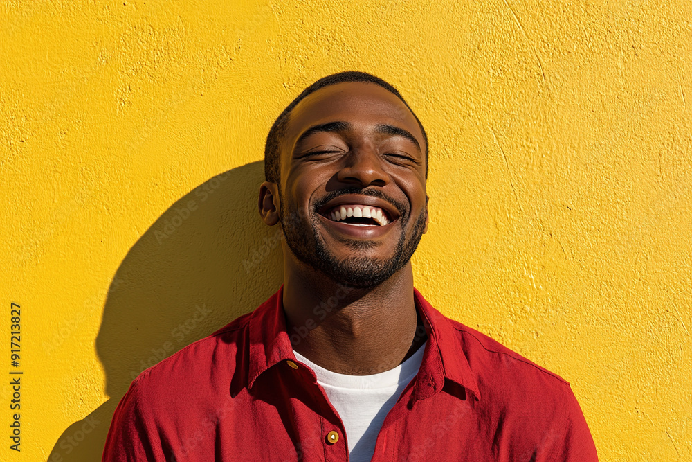 Joyful Black Man Laughing with Sunlight on His Face, Wearing a Red Shirt and White T-Shirt, Headshot Against a Bright Yellow Wall Background Joyful Black Man Laughing with Sunlight on His Face, Wearing a Red Shirt and White T-Shirt, Headshot Against a Bright Yellow Wall Background