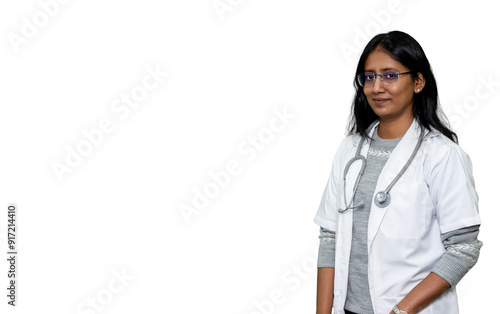 Indian Female Doctor in Medical Attire with Stethoscope for Healthcare Professionalism, Medical Expertise, and Pharmaceutical Marketing photo