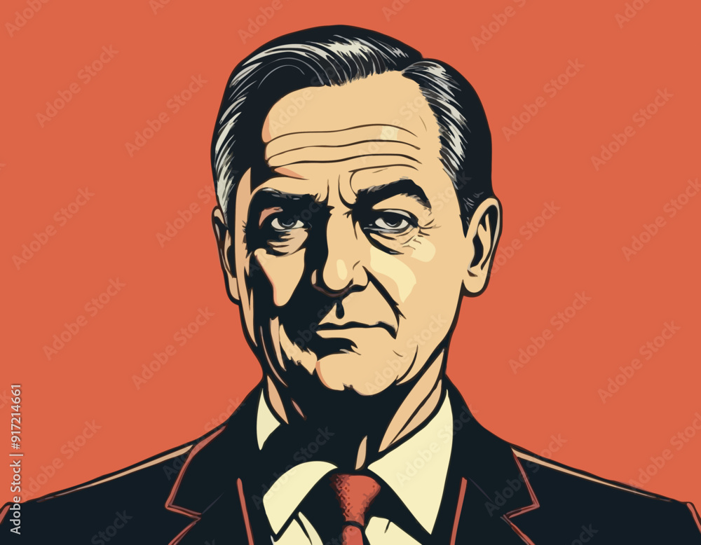 Ironic man. Malevolent politician. Cartoon character. Halftone background Ironic man. Malevolent politician. Cartoon character. Halftone background