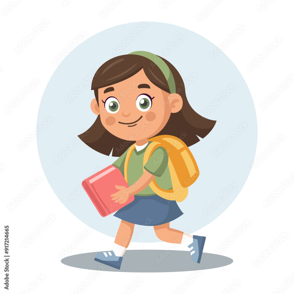 Cute schoolgirl with school backpack going to school. Pupil character. Flat style illustration Cute schoolgirl with school backpack going to school. Pupil character. Flat style illustration