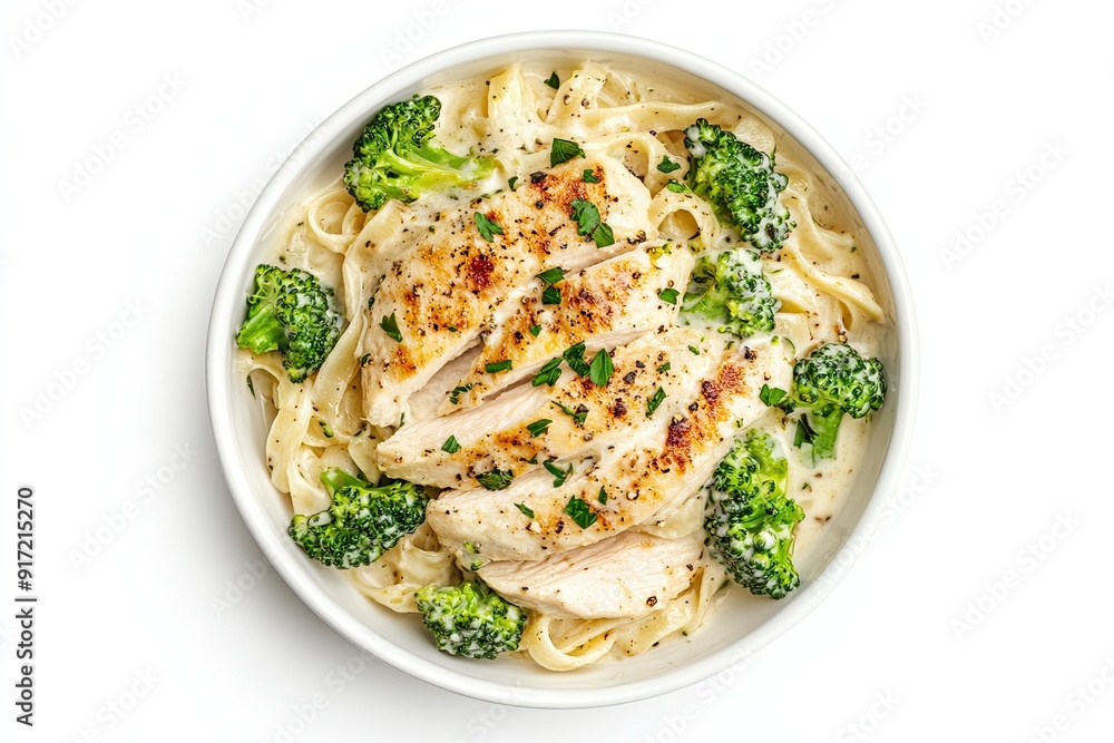 hicken Alfredo with broccoli isolated on a white, top view hicken Alfredo with broccoli isolated on a white, top view