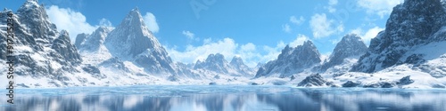 Abstract Winter Wonderland: Surreal Anime-Style Landscape with Geometric Frozen Lake and Stylized Snow-Capped Mountains. Dreamy Digital Art Fusion for Book Illustrations, Creative Marketing, and Seaso