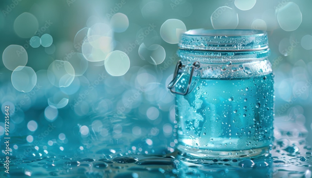 A Close-Up View of a Glass Jar Filled With Turquoise Liquid Amidst Soft Bokeh Lights A Close-Up View of a Glass Jar Filled With Turquoise Liquid Amidst Soft Bokeh Lights