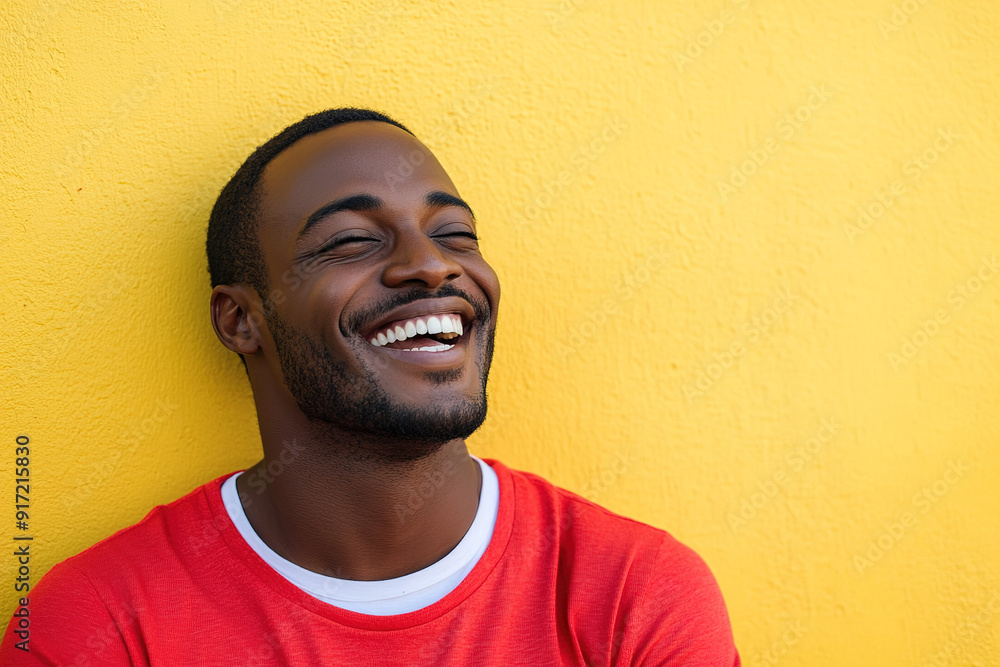 Smiling Black Man in Red Shirt with White T-Shirt Underneath, Laughing Joyfully on a Sunny Day with Sunlight Illuminating His Face, Against a Yellow Wall Background. High-Resolution Headshot Portrait Smiling Black Man in Red Shirt with White T-Shirt Underneath, Laughing Joyfully on a Sunny Day with Sunlight Illuminating His Face, Against a Yellow Wall Background. High-Resolution Headshot Portrait