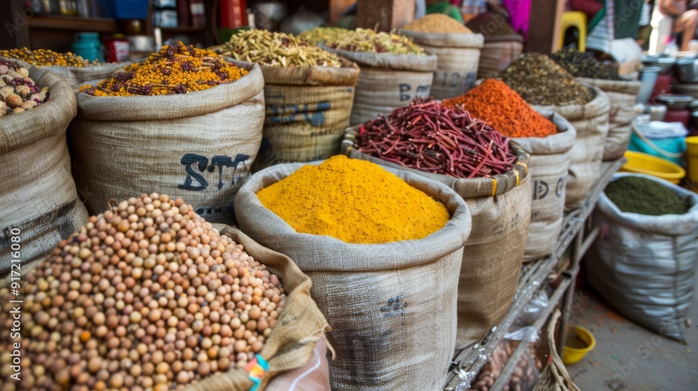 Fototapeta premium A variety of spices are displayed in bags on a table