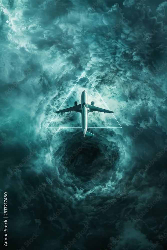 Naklejka premium A plane flying over the ocean entering a Bermuda Triangle vortex, evoking a sense of dread and danger.