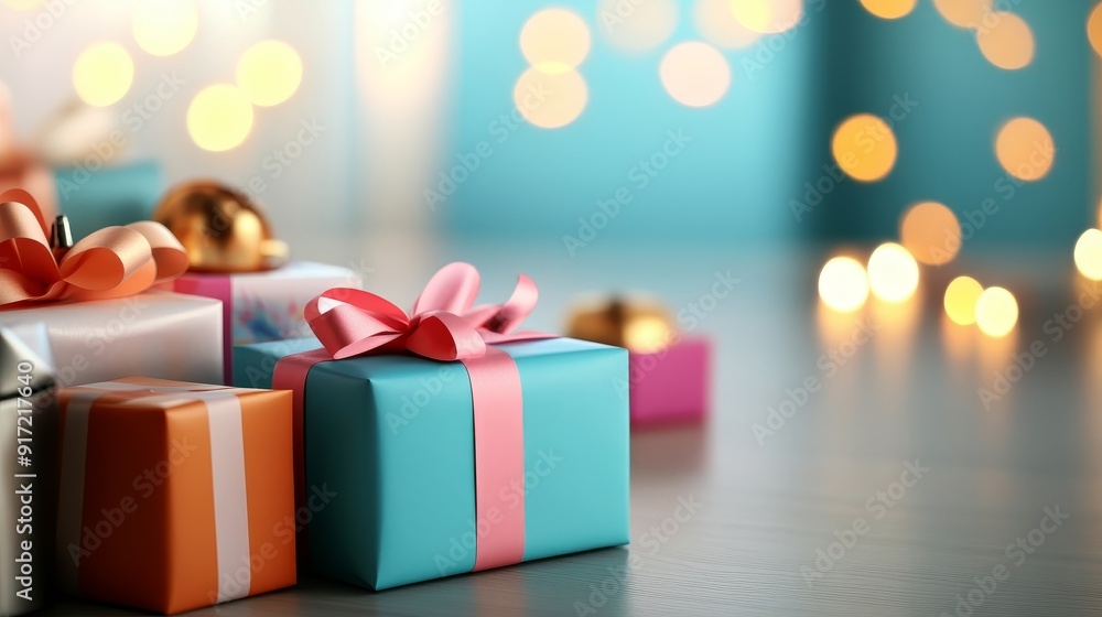 Colorful gift boxes with ribbons, set against a blurred background of festive lights, perfect for holiday celebrations and special occasions. Colorful gift boxes with ribbons, set against a blurred background of festive lights, perfect for holiday celebrations and special occasions.