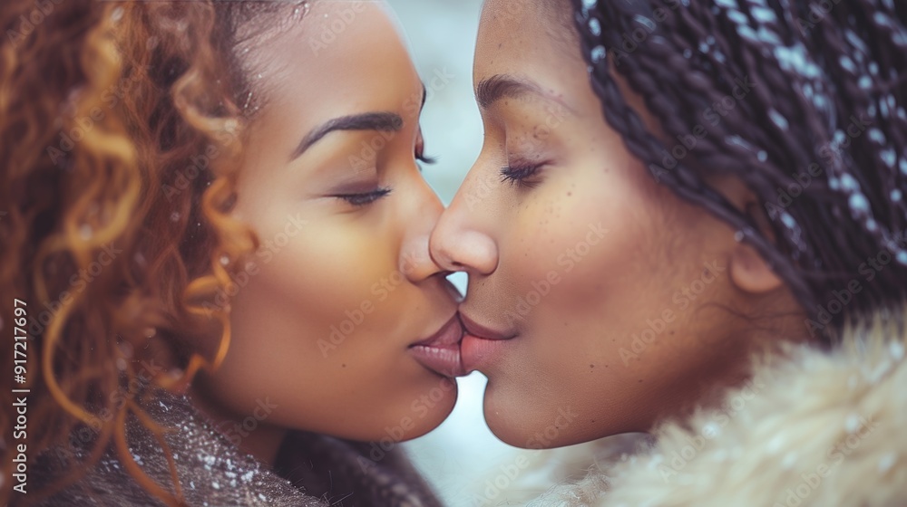Obraz premium Lesbian couple sharing a passionate kiss in a public street displaying their love openly