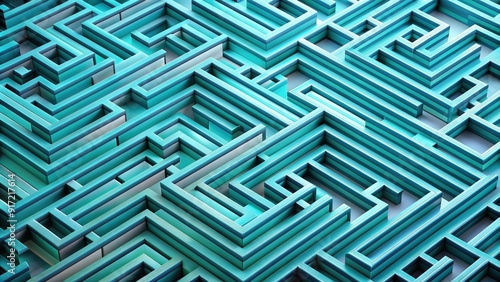 Intricate maze pattern of intersecting paths in vibrant turquoise tones with a standard scale layout. Generative AI