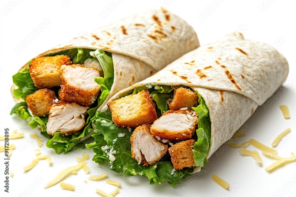 Chicken Caesar wrap with parmesan and croutons isolated on a white, top view Chicken Caesar wrap with parmesan and croutons isolated on a white, top view