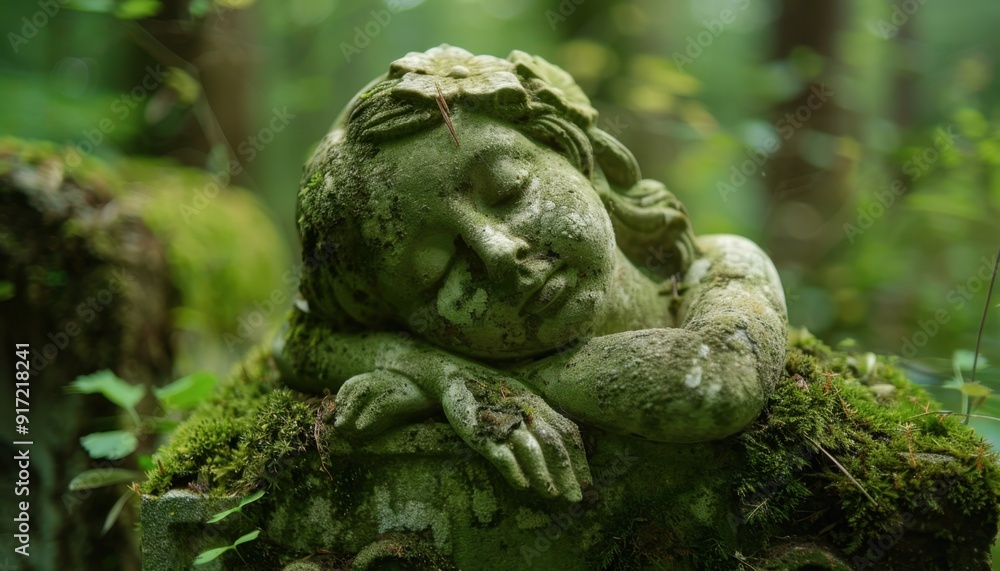 Tranquil Stone Statue of a Sleeping Girl Surrounded by Lush Greenery in a Forest Tranquil Stone Statue of a Sleeping Girl Surrounded by Lush Greenery in a Forest