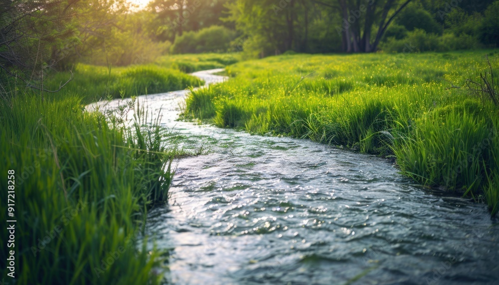 Fototapeta premium Serene Stream Flowing Through Lush Green Grass at Dusk in a Tranquil Forest Area