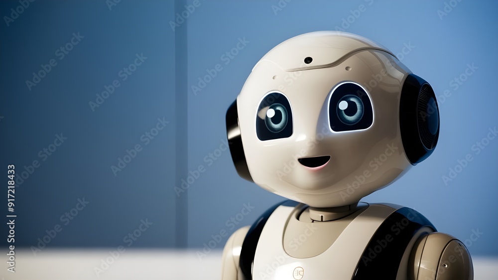 A blue-eyed, white robot A blue-eyed, white robot