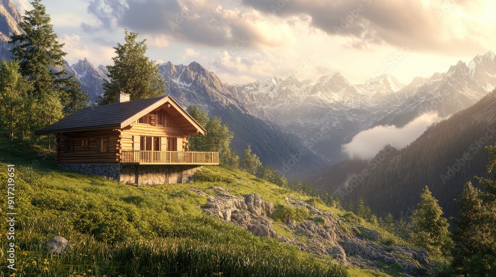 Obraz premium A beautiful mountain cabin with a balcony and space for copy in the sky