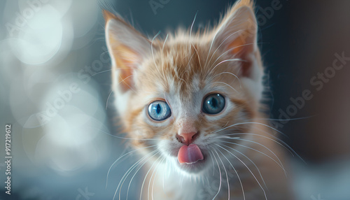 Funny cat licks his lips. Portrait of a white-red kitten with beautiful blue eyes, looking straight ahead. Lovely hungry cat. studio photo. Free space for text