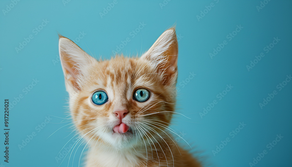 Funny cat licks his lips. Portrait of a white-red kitten with beautiful blue eyes, looking straight ahead. Lovely hungry cat. studio photo. Free space for text Funny cat licks his lips. Portrait of a white-red kitten with beautiful blue eyes, looking straight ahead. Lovely hungry cat. studio photo. Free space for text