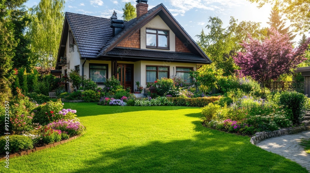 A charming, popular house with a stylish facade and lush garden, with open space on the side for text or branding A charming, popular house with a stylish facade and lush garden, with open space on the side for text or branding