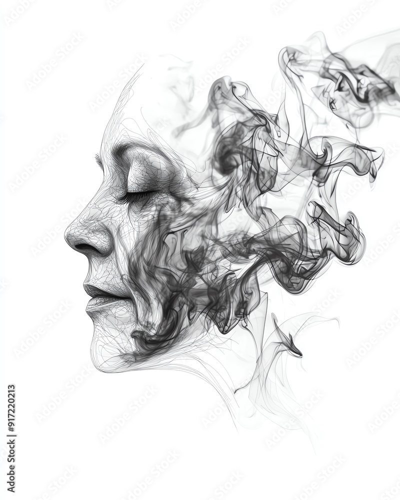 Abstract portrait of a woman's face with smoke-like patterns, symbolizing mystery, thought, or transformation. Abstract portrait of a woman's face with smoke-like patterns, symbolizing mystery, thought, or transformation.