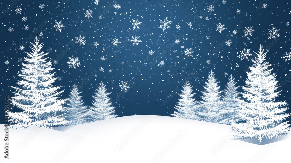 Minimalist winter scene featuring white pine trees with snowflakes on a snowy hill against a deep blue sky background - Christmas Eve Banner Design Minimalist winter scene featuring white pine trees with snowflakes on a snowy hill against a deep blue sky background - Christmas Eve Banner Design