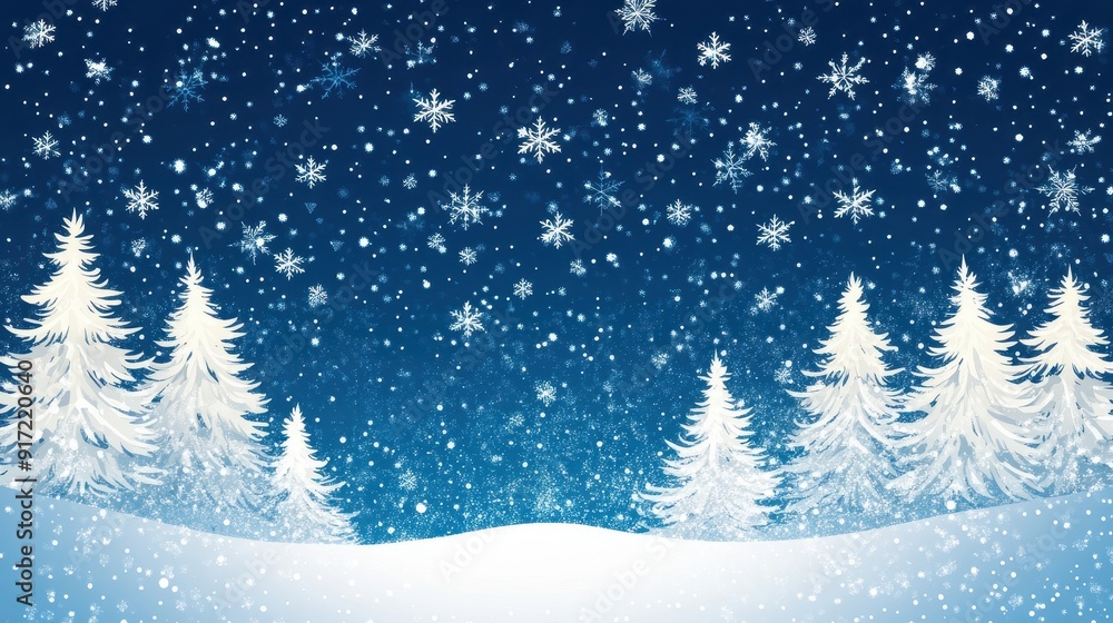 Minimalist winter scene featuring white pine trees with snowflakes on a snowy hill against a deep blue sky background - Christmas Eve Banner Design Minimalist winter scene featuring white pine trees with snowflakes on a snowy hill against a deep blue sky background - Christmas Eve Banner Design