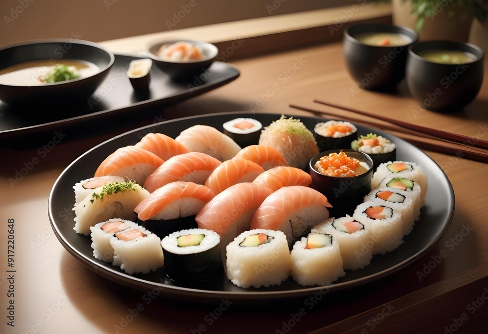 Sushi rolls are on a tray with other sushi Sushi rolls are on a tray with other sushi