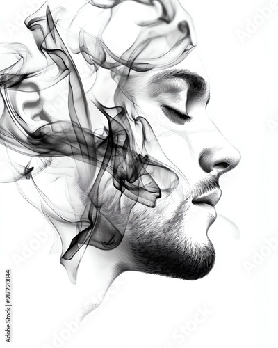 A man's face is obscured by swirling smoke, creating a mysterious and abstract portrait. photo