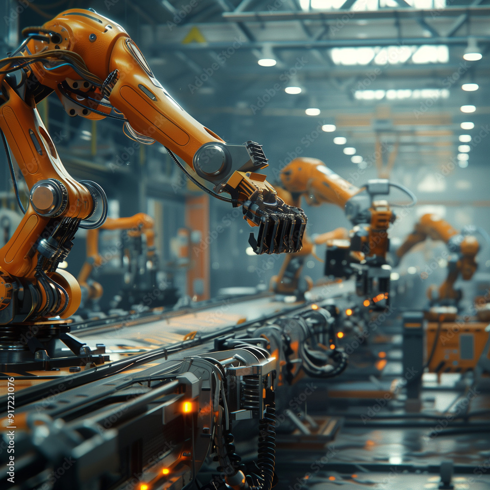 Designs featuring humanoid robots, industrial robots, and robotic arms in action, showcasing automation in various fields like manufacturing Designs featuring humanoid robots, industrial robots, and robotic arms in action, showcasing automation in various fields like manufacturing