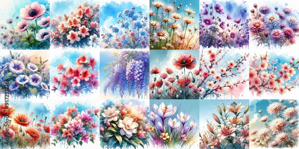 Flowers draw in watercolor splash style. AI generated illustration Flowers draw in watercolor splash style. AI generated illustration