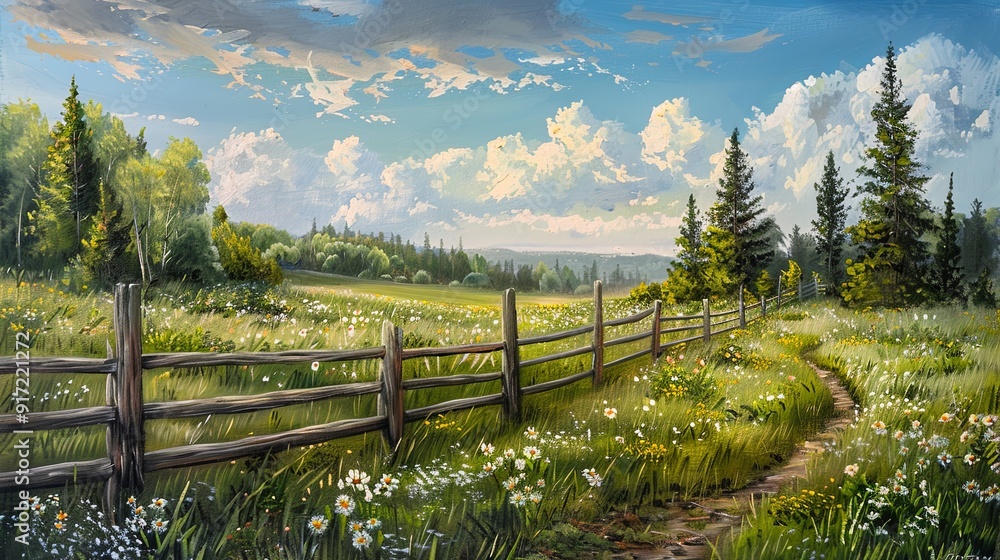 Fototapeta premium An acrylic illustration depicting a fresh, green meadow under a bright blue sky with scattered clouds. Hills and wildflowers dot the landscape, creating a serene and peaceful scene.