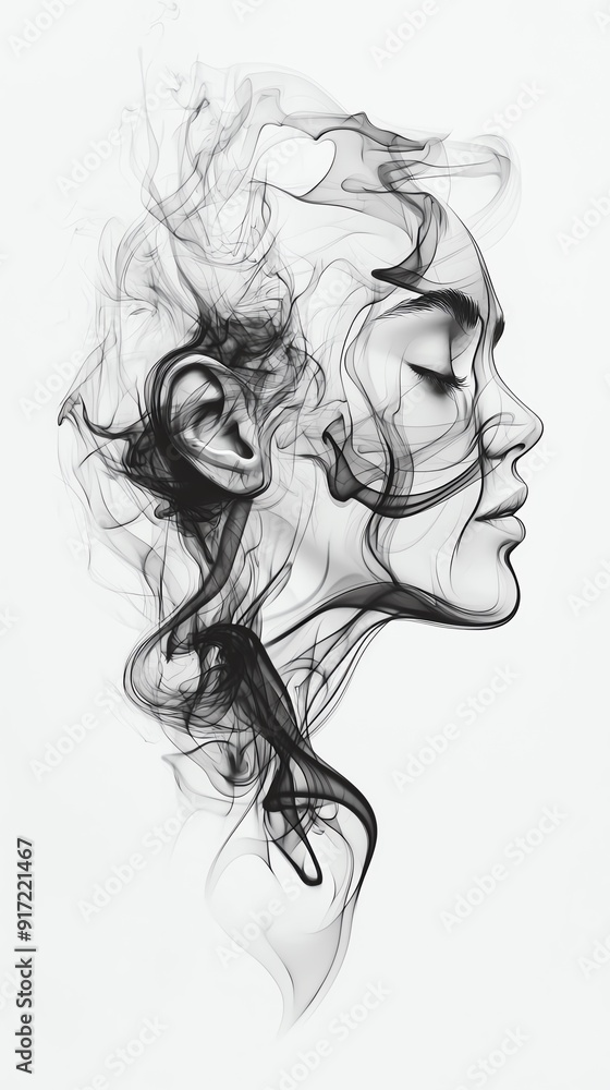 Fototapeta premium Abstract portrait of a woman with smoke-like hair. The woman's face is serene and her eyes are closed. The image is in black and white.
