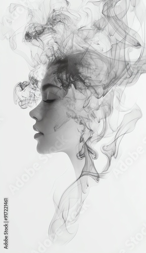 Abstract portrait of a woman with smoke or ink swirling around her head. The image is in black and white and has a dreamlike quality.