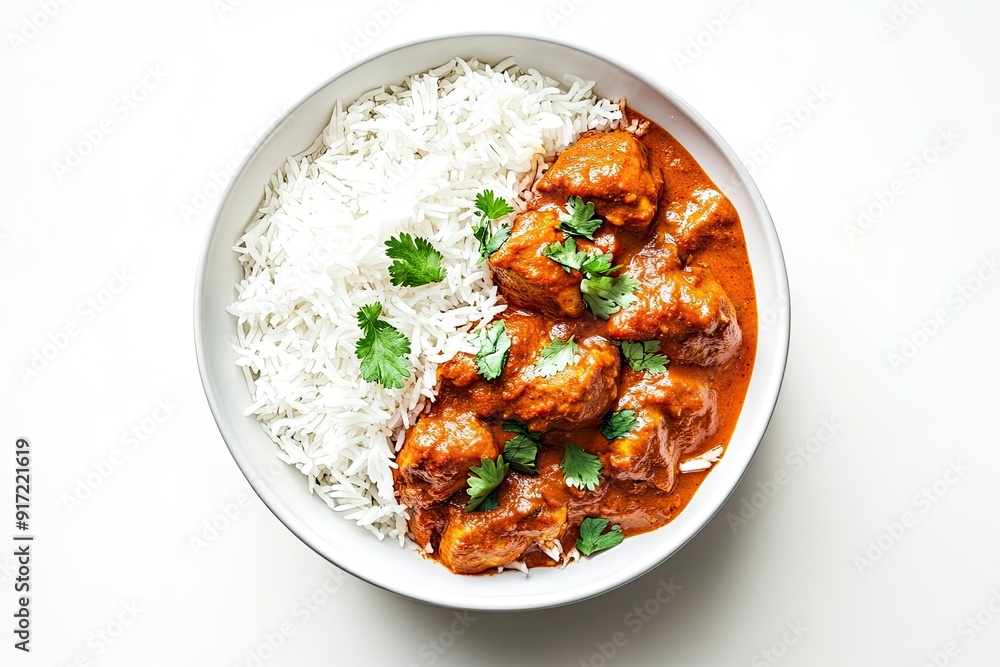 Chicken tikka masala with basmati rice isolated on a white, top view Chicken tikka masala with basmati rice isolated on a white, top view