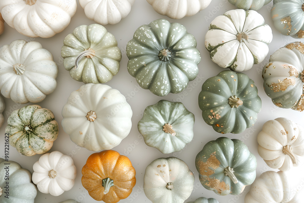 Aesthetic background of pumpkins of different colors. The atmosphere of autumn and Halloween. Top view Aesthetic background of pumpkins of different colors. The atmosphere of autumn and Halloween. Top view